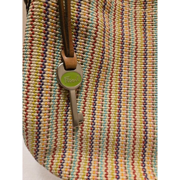 Fossil Canvas & Leather Trim Striped Woven Multicolor Hobo Handbag - Picture 3 of 10